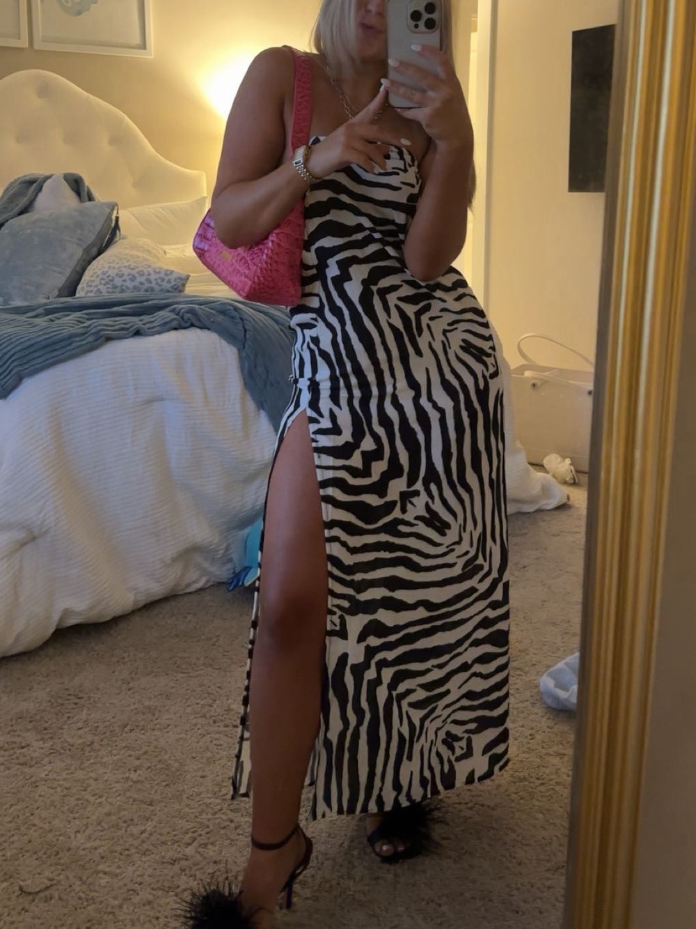 Zebra Print Side-Slit Maxi Dress in Black & White